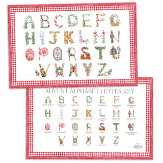 Flatlay rendering of The Letter Nest's Advent Alphabet Placemat with red gingham border, with watercolor letters on one side, and an illustrated letter key on the other
