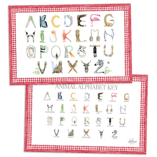 Animal Alphabet Placemat with red gingham border and letter key on the verso of the placemat