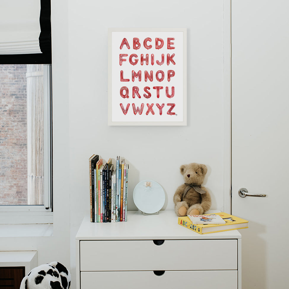 Red Balloon Alphabet from The Letter Nest, White Frame installed in nursery