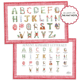Product image of The Letter Nest's Advent Alphabet Placemat with red border, "as seen in The Nat Nate" badge