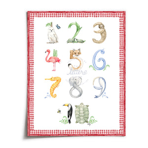 Unframed Animal Number print with red gingham border from The Letter Nest