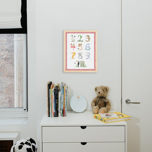 Animal Number print with red gingham border from The Letter Nest, Natural Frame installed in nursery