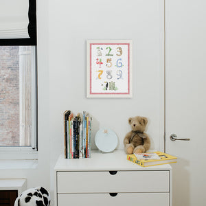 Animal Number print with redgingham border from The Letter Nest, White Frame installed in nursery