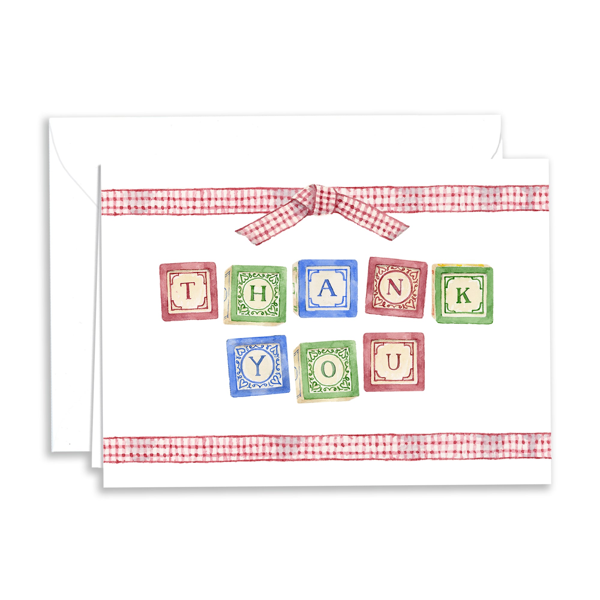 Children's Alphabet Block Thank You Foldover Note Cards with a red gingham border and matching envelopes from The Letter Nest