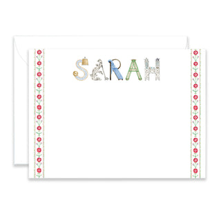 Personalized Interior Design Stationery shown with Red Floral Border  in the name "Sarah" with matching envelope