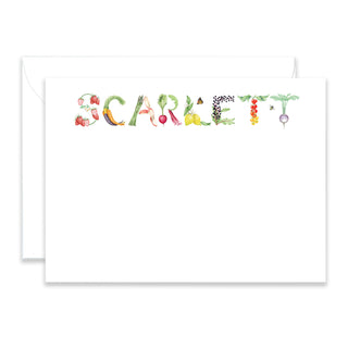 Personalized Fruits and Vegetables Stationery shown in the name "Scarlett" with matching envelope