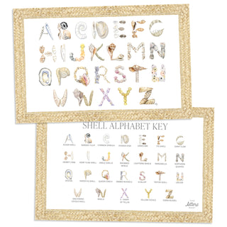 Shell Alphabet Placemat with braided rope border and letter key on the verso of the placemat