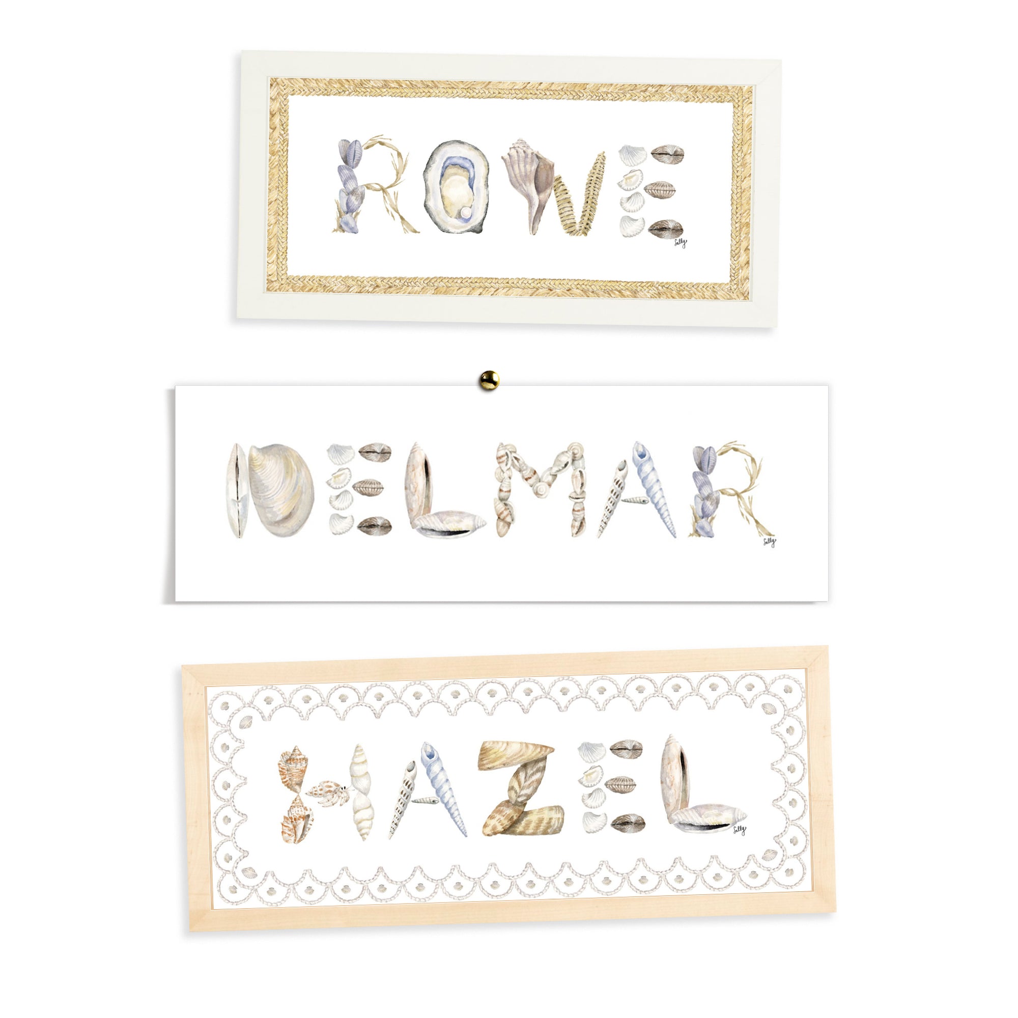 Shell Custom Name Print by The Letter Nest in flatlay showing various border and frame options