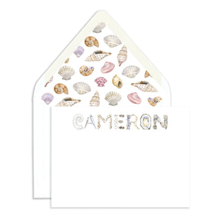 Shell Personalized Stationery in the name "Cameron" with watercolor shell enveloper liners