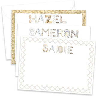 Personalized Shell Stationery shown in the name "Hazel" with a braided rope border, "Cameron" with no border, and "Sadie" with a scalloped shell border  with matching envelope