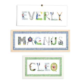 Flatlay photo of Sports Custom Name Prints by The Letter Nest in names "Everly" "Magnus" and "Cleo" with white and natural frame options
