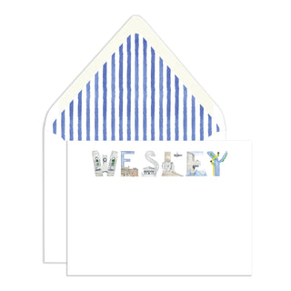 Washington, D.C. Personalized Stationery by The Letter Nest featuring the name "Wesley" on a background of blue stripe envelope liner