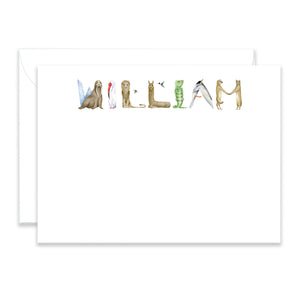 Personalized Animal Stationery shown in the name "William" with matching envelope