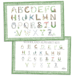 Woodland Alphabet Placemat with green gingham border and letter key on the verso of the placemat