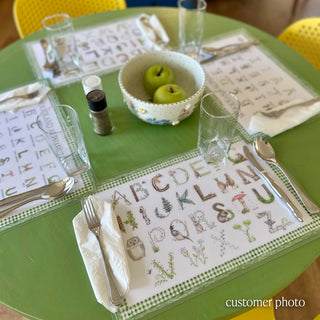 Woodland Alphabet Placemat customer photo of the placemats styled with flatware 