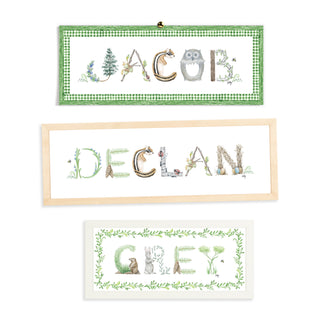 Custom Woodland Name Prints by The Letter Nest in flatlay showing various borders and frame options