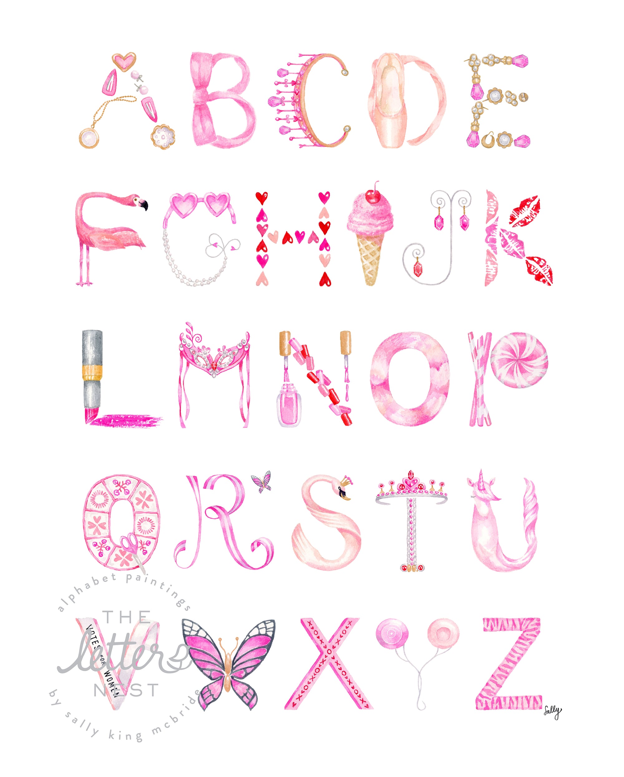 Watercolor Alphabet print featuring letters in shades of pink representing different objects inspired by the 21st-Century Girly-Girl