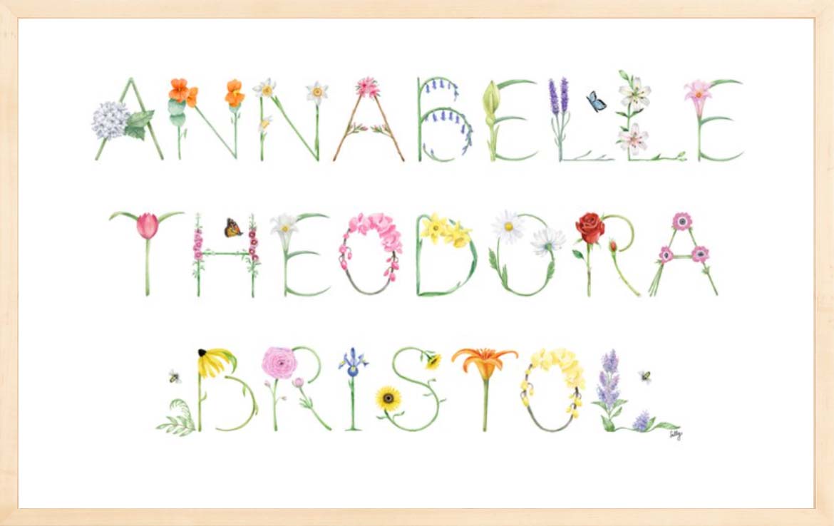 Full Name Print - shown in Flower Alphabet in a Natural Frame