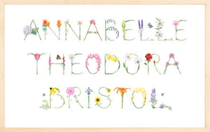 Full Name Print - shown in Flower Alphabet in a Natural Frame