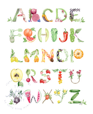 Fruits & Vegetables themed watercolor alphabet by artist Sally King McBride