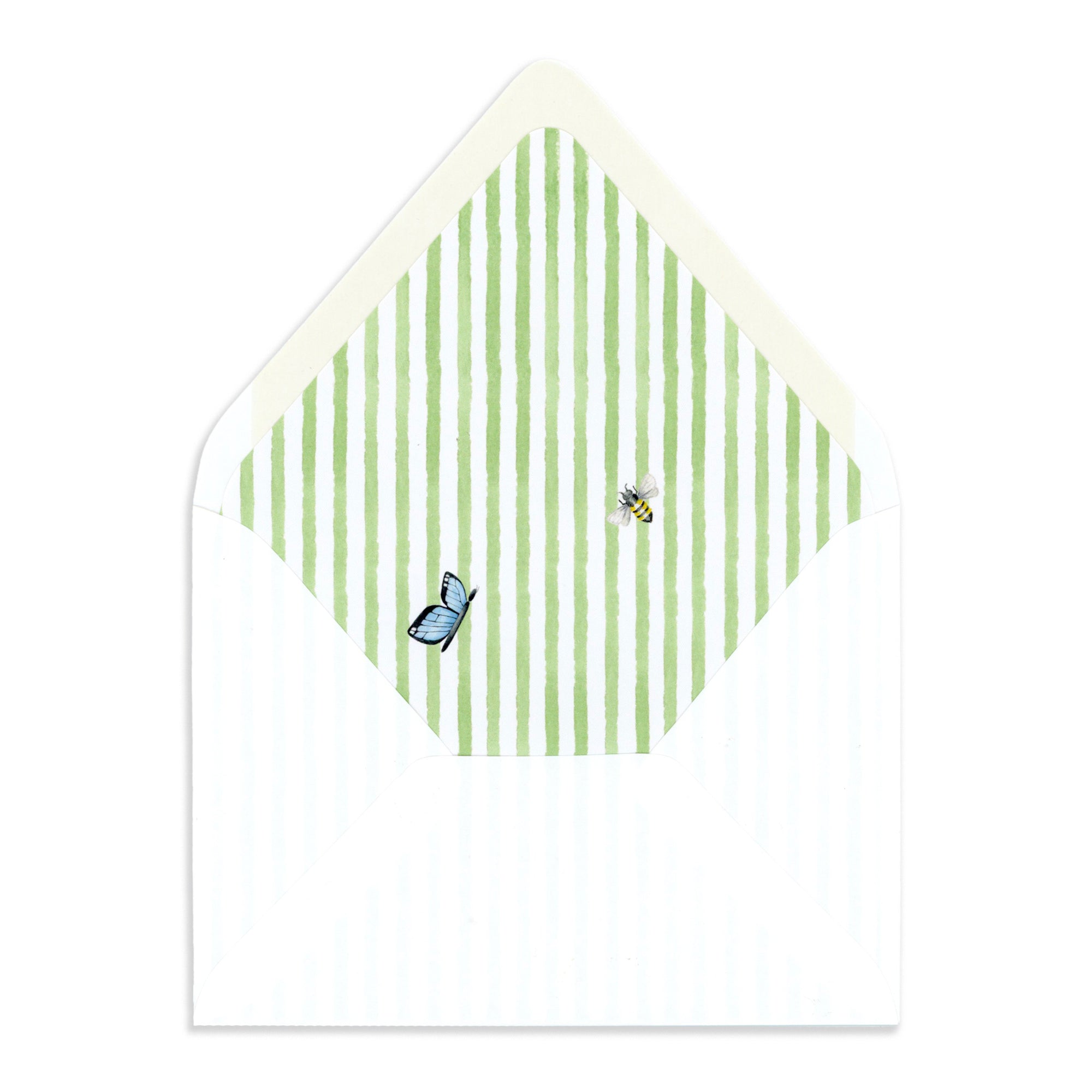 Green Stripe envelope liner with bee and butterfly accent to accompany Animal Personalized Stationery